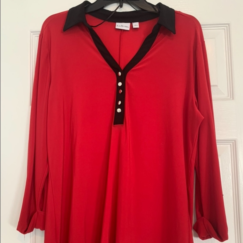 Kim Rogers L Red LS shirt with Black Trim Collar